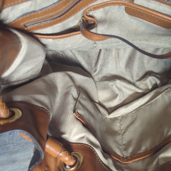 Michael Kors Brown/Tan Signature Coated Leather Jet Set Drawstring Bag Large - Picture 8 of 14